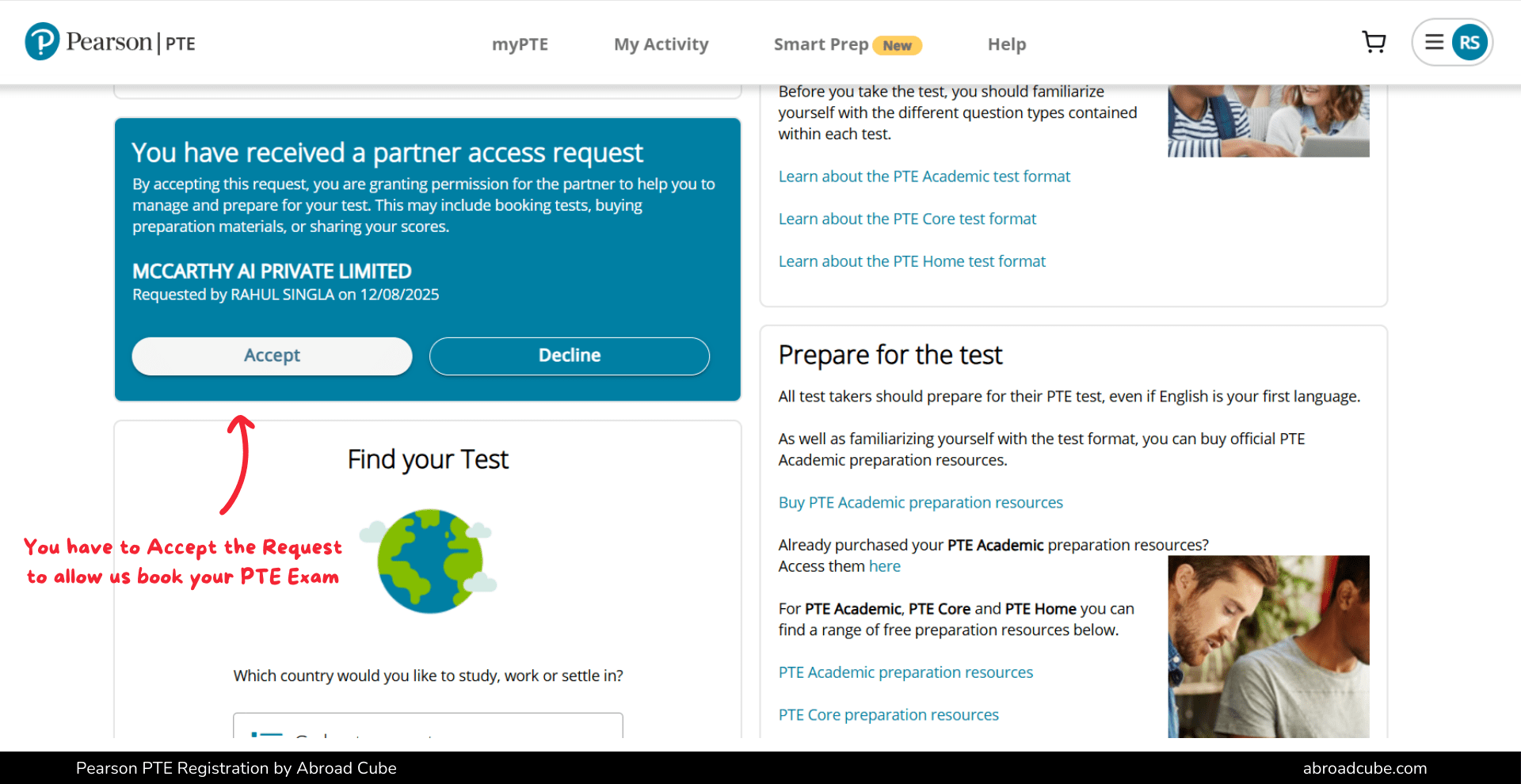 Pearson PTE Screenshot requesting Partner Access