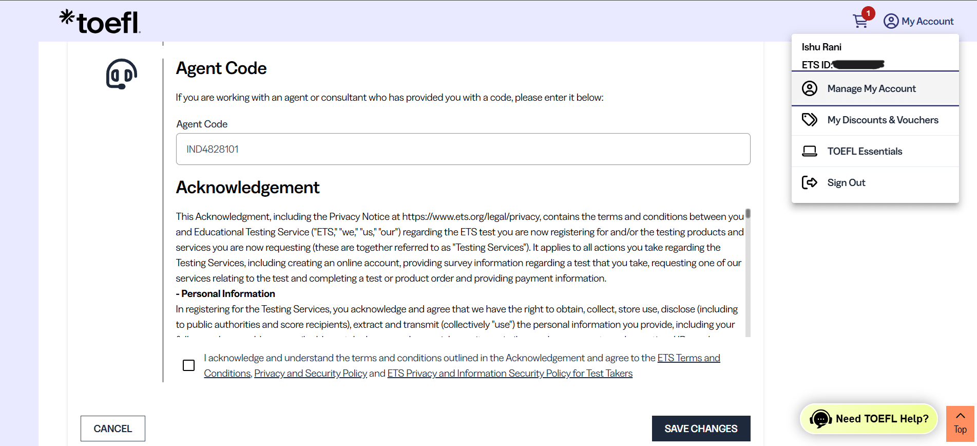 TOEFL iBT Agent Code Screenshot
